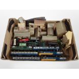 A box of Hornby inter-city 125 and other diecast rolling stock, model railway buildings, track.