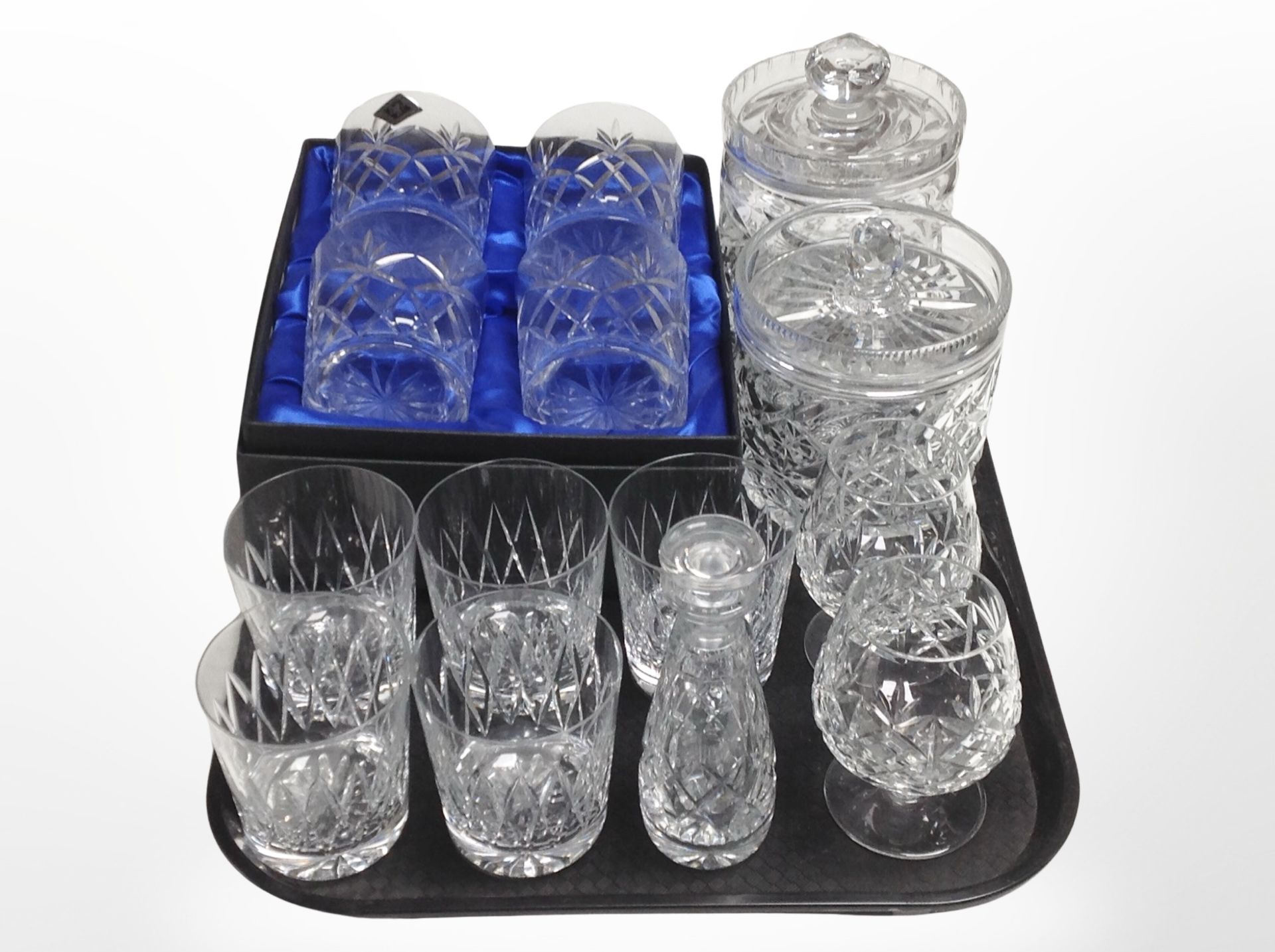 A boxed set of 4 Edinburgh International crystal tumblers, further drinking glasses, lidded pots.