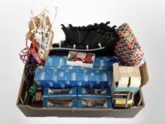 A box of Scalextric cars, track, controllers, etc.