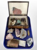 A Victorian inlaid walnut box containing assorted geodes and gemstones including amythest,