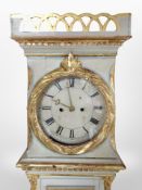 A 19th century painted and gilt longcased clock with pendulum and weights,