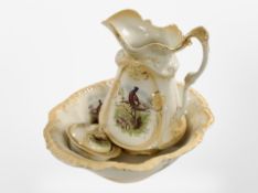 A Victorian wash jug and basin and matching dressing table pot decorated with pheasants.