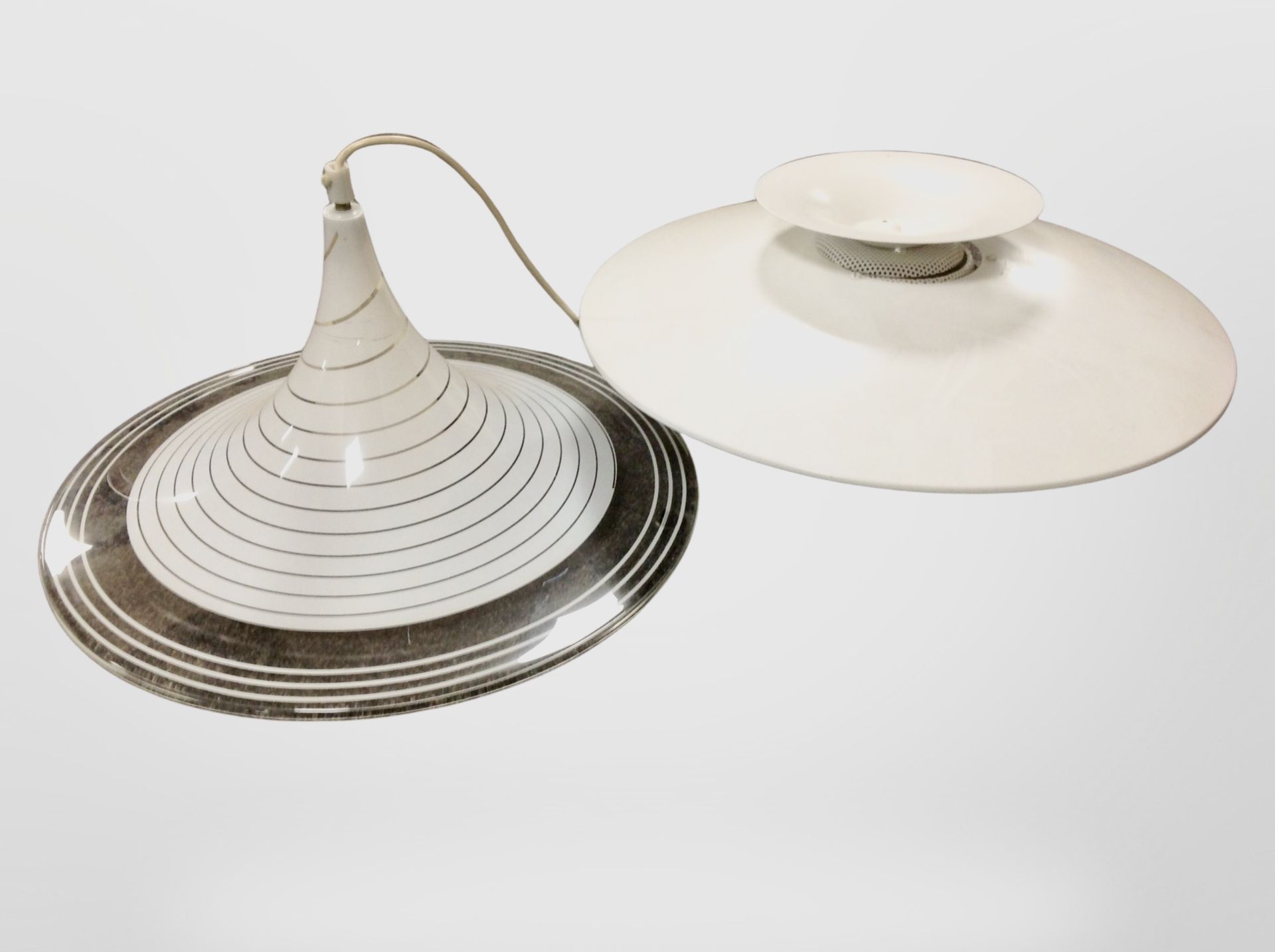 A 1970's Danish conical plastic pendant light fitting and a further metal example