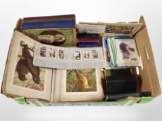 A box of antiquarian and later volumes, Wills, cigarette cards,