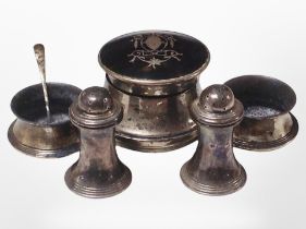 A silver and tortoiseshell-topped inkwell, together with a pair of salts, a pair of sifters,