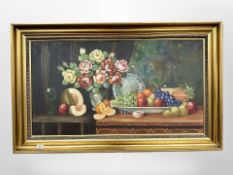 H Hilding : Still life with fruit and flowers, oil on canvas, 100cm x 54cm.
