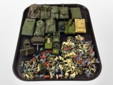 A group of diecast tanks and military vehicles including matchbox, plastic soldiers, etc.