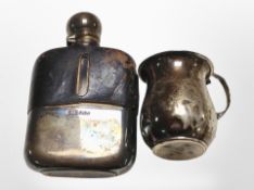 A glass leather and silver-mounted hip flask, Birmingham hallmarks,