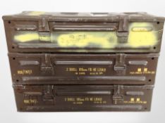 Three painted metal ammunition crates, width 63cm.