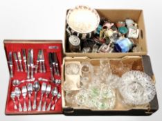 Two boxes containing canteen of cutlery, ceramics, jardiniere, crystal, etc.