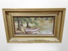 Nineteenth Century School : A rowing boat on a riverbank, oil on canvas, 32cm x 15cm.
