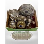 A box of silver-plated wares, gallery serving trays, swing-handle baskets, cutlery, toast rack, etc.