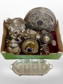 A box of silver-plated wares, gallery serving trays, swing-handle baskets, cutlery, toast rack, etc.