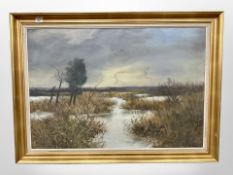 Danish School : Ducks over marshland, oil on canvas, 95cm x 65cm.