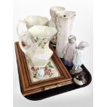 Four Maling lustre jugs, two Nao figures of girls, a tile-inset serving tray with brass handles,