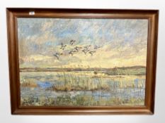 Saberg : Ducks over marshland, oil on canvas, 97cm x 68cm.