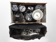 A box and bag containing assorted studio lights, light tripods, etc. (continental plugs).