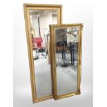 Two rectangular gilt frame mirrors, largest 131cm x 41cm.