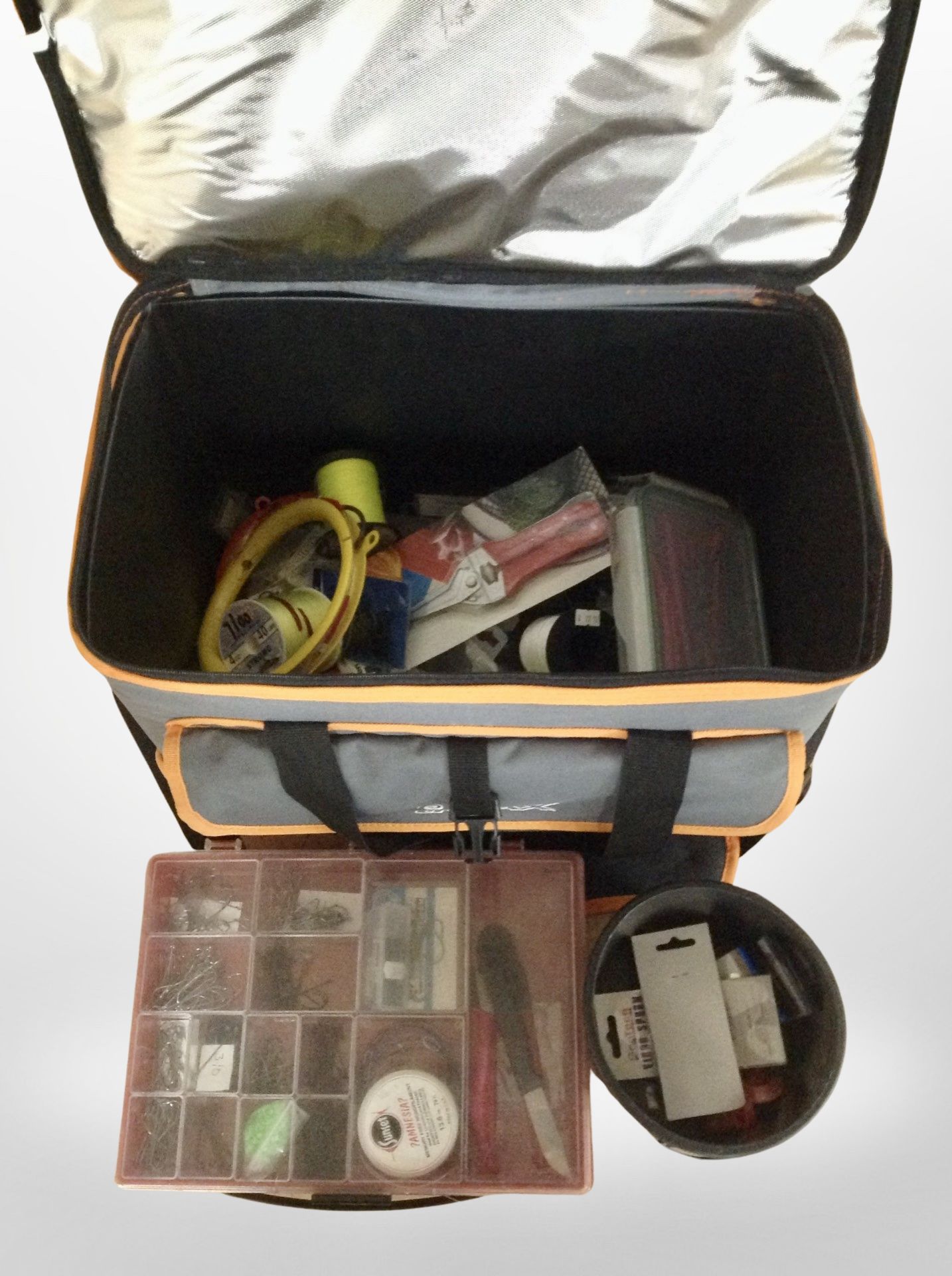 An Imax canvas fishing bag and contents to include spools of line, hooks, tools, etc. - Image 2 of 2