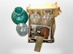 A box containing pine contemporary wall clock, glass carboys, silver-plated items, brass charger.