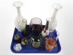 A group of 20th century glass wares including paperweights, vases, petrol glass jug, etc.