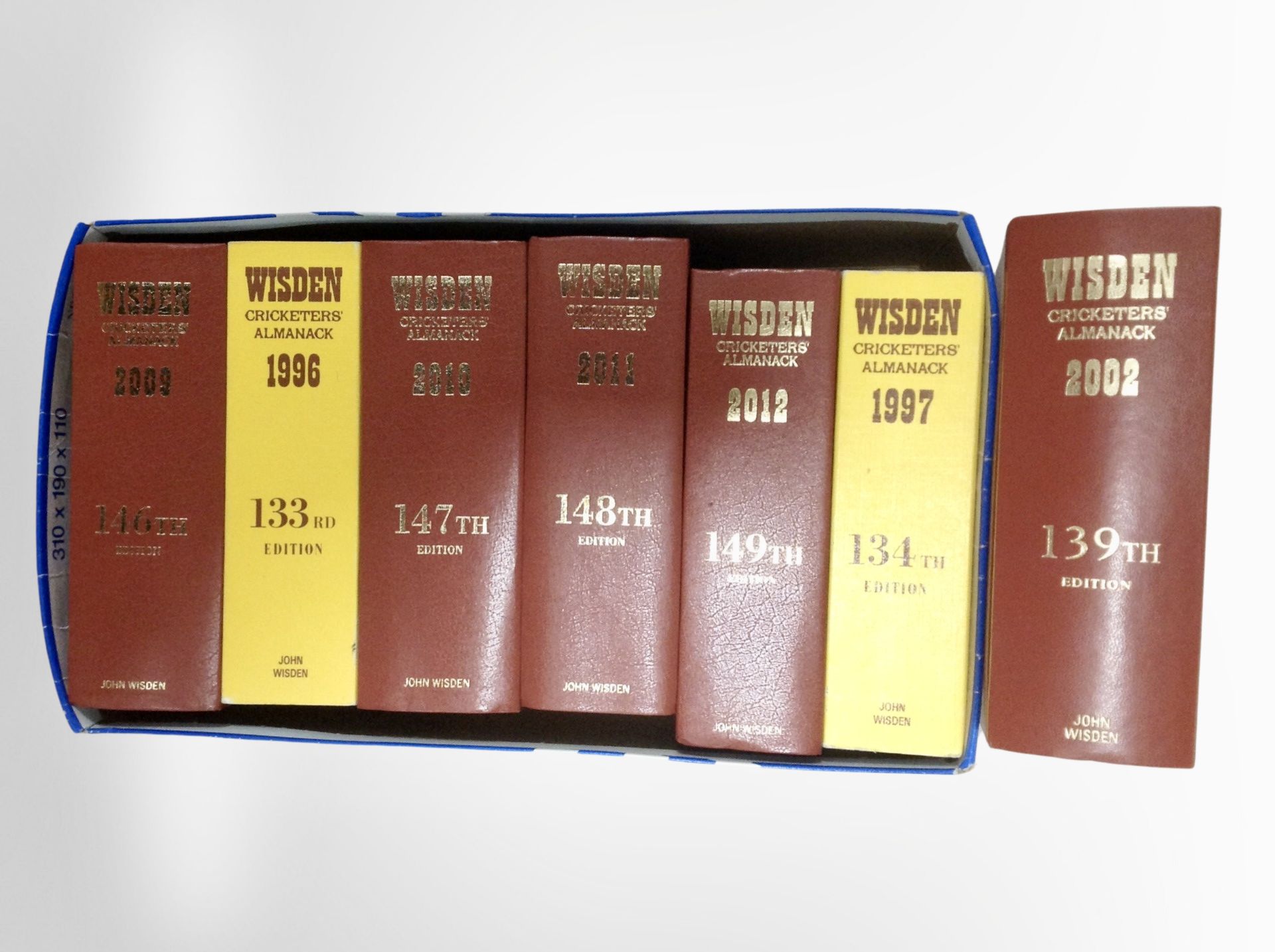 A group of Wisdens cricket almanacks.