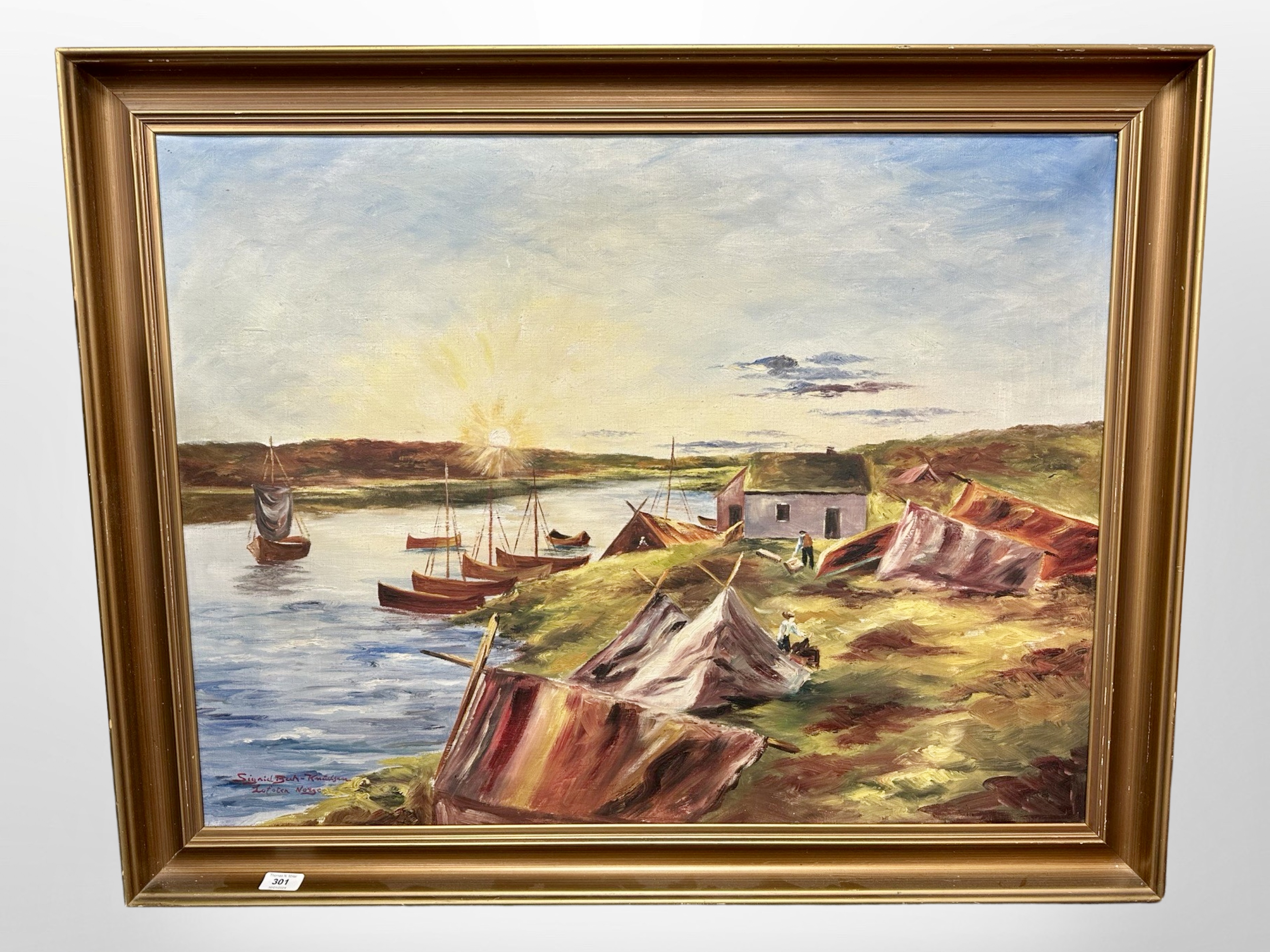 Danish School : Boats on a river at sunset, oil on canvas, 86cm x 65cm.