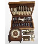 An oak canteen of cutlery, together with an oak mantel clock, pair of antique spectacles,