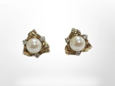 A pair of 18ct yellow gold diamond and pearl earrings. CONDITION REPORT: 3g.