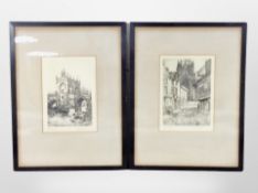 A pair of 19th century monochrome etchings of old Rotherham, each 25cm x 17cm,