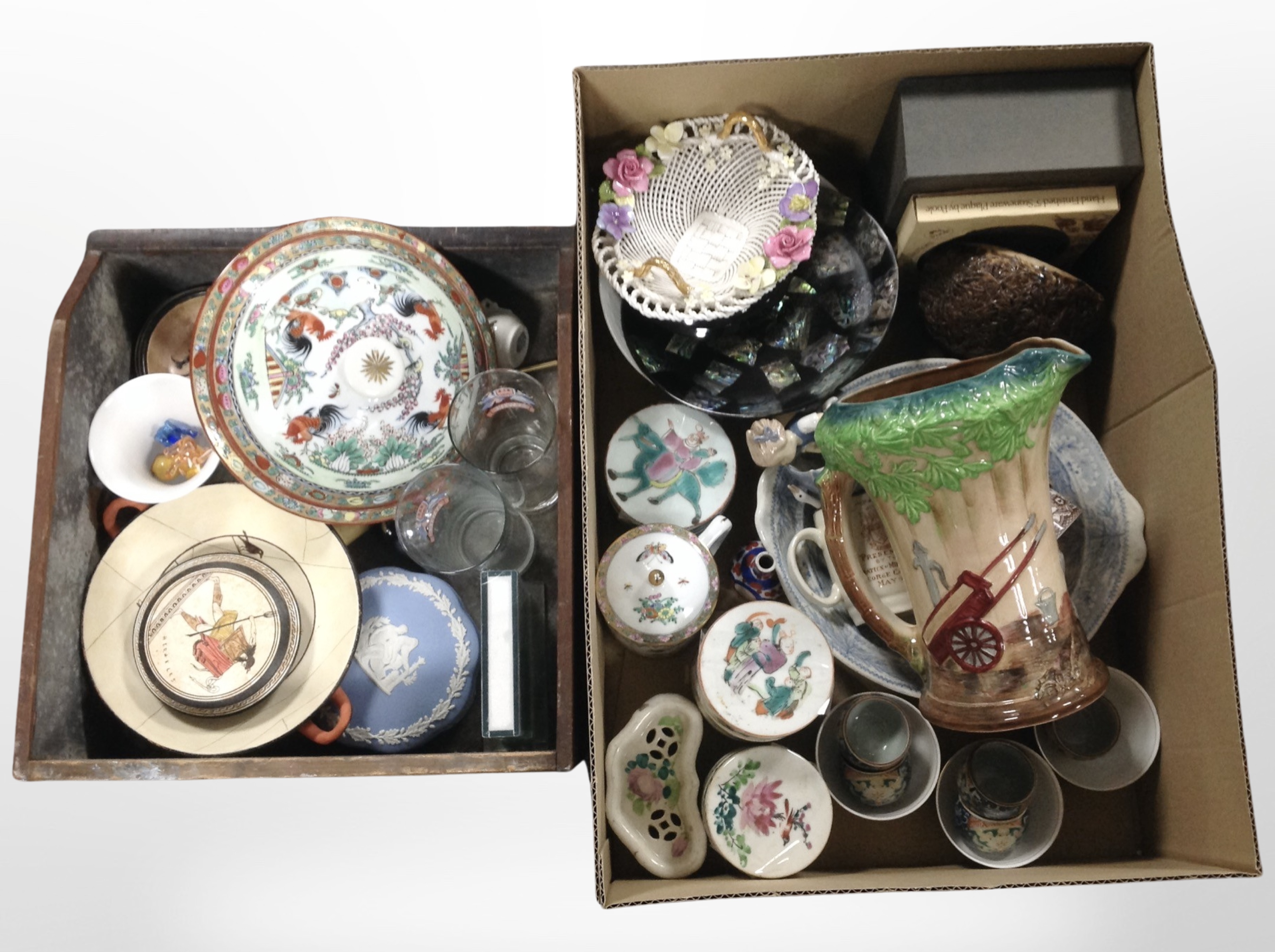 Two boxes containing Chinese export porcelain bowls, Wedgwood Jasperware trinket box,