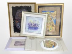 A group of contemporary pictures and prints, circular mirror,