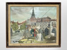 Danish School : Figures in a market, oil on canvas, 34cm x 28cm.