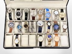 A watch display case containing twenty Gent's wrist watches by Rotary, Daniel Hechter, Citizen,