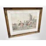 A 19th century French print depicitng figures dancing in a field, 88cm x 70cm,