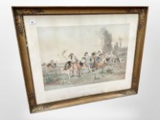 A 19th century French print depicitng figures dancing in a field, 88cm x 70cm,