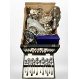 A box of silver-plated wares, including dishes and baskets, claret jug, photograph album,