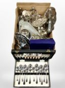 A box of silver-plated wares, including dishes and baskets, claret jug, photograph album,