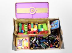 A box of plastic chest containing LEGO building blocks, quantity of diecast cars, etc.