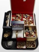 A collection of cufflinks and tie pins, a ladies gold-plated quartz wristwatch, costume pearls,
