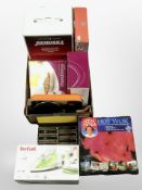 A box of kitchenwares including pans and dishes, mini oven, etc.