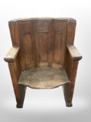 A Victorian panelled oak armchair with later presentation plaque, 'In Memory of Flying Officer W.M.