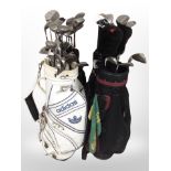 Several golf bags containing assorted drivers and irons including Dunlop, Howson,