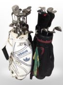 Several golf bags containing assorted drivers and irons including Dunlop, Howson,
