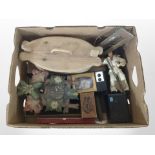 A box containing cuckoo clock, Elvis collectables, desk blotter, vintage radios, etc.