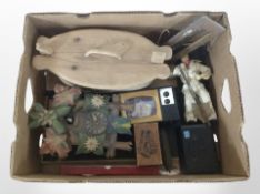 A box containing cuckoo clock, Elvis collectables, desk blotter, vintage radios, etc.