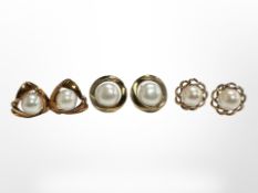 Three pairs of yellow gold pearl earrings (6) CONDITION REPORT: 9.6g.