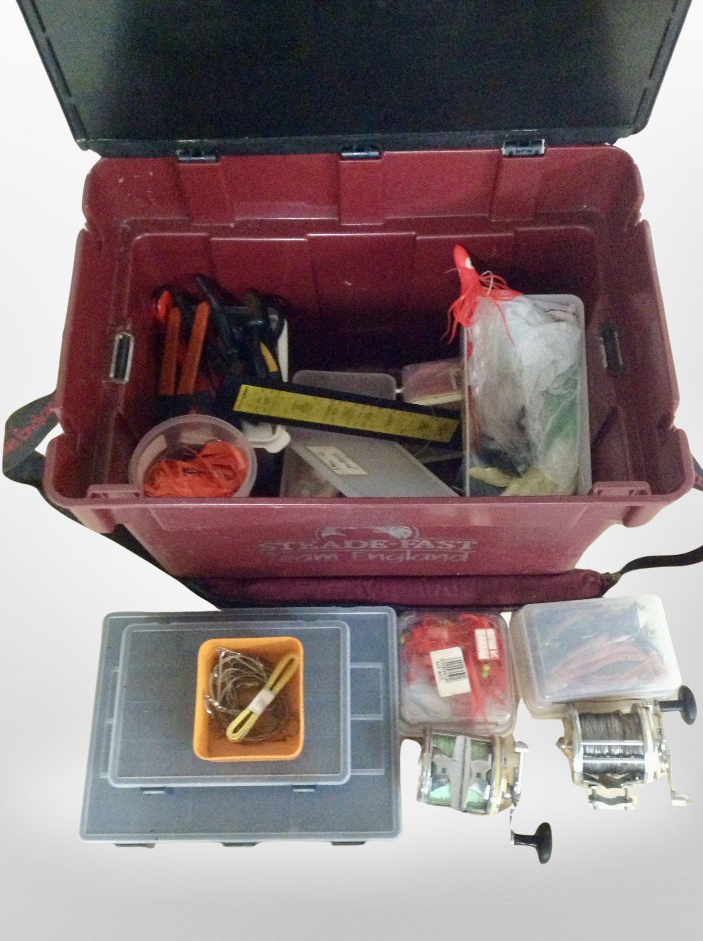 A Steade-Fast fishing box containing assorted fishing equipment including reels, line, lures, tools, - Image 3 of 3