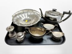 A group of plated wares including four piece tea service, pepper grinder,