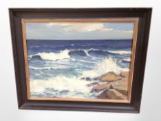 P Backhousen : Waves crashing against rocks, oil on canvas,